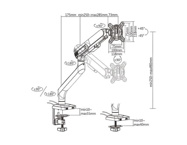Fjederskærmholder, sort, dobbelte USB-porte, fjederarm, sølv HDWR SolidHand-ES01U
