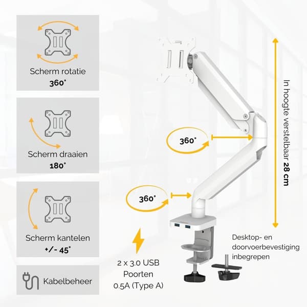 Fellowes Platinum Series enkelt skærmarm, (32") klemme / tylle, hvid Hvid