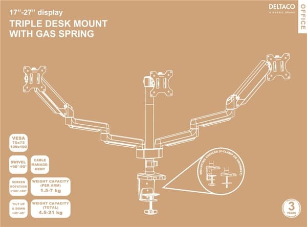 DELTACO Office, triple hydraulisk monitor-arm, 17"-27", 1,5-8kg,