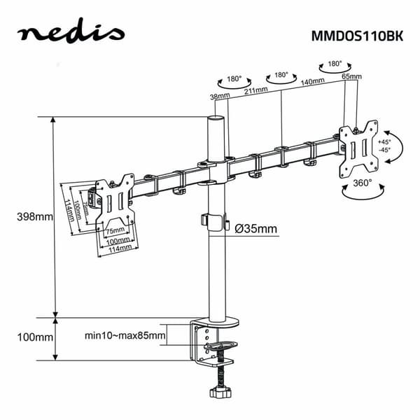 Nedis Desk Monitor Mount | 2 Skjerm(er) | 15 - 32 " | 75x75 / 100x100 | Full Motion