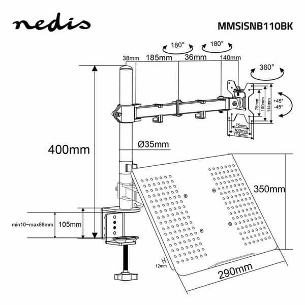 Nedis Monitorin Pöytäteline | Notebook | 1 näyttö | 15 - 32 " | 75x75 / 100x100 | Interaktiivinen