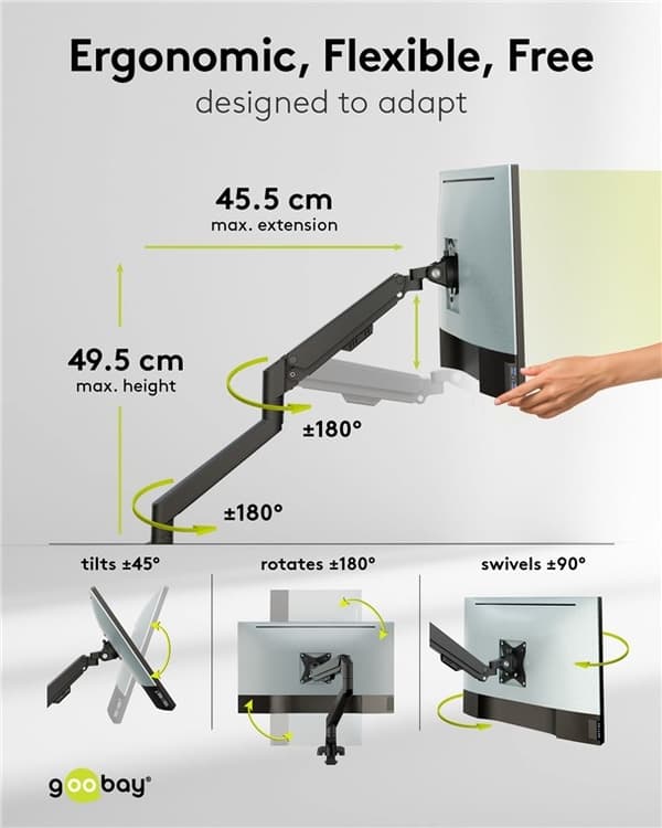 Goobay Dubbel skärmfäste med gasfjäder, svart för bildskärmar från 17 till 32 tum (43 - 81 cm), max. 9 kg per bildskärm, enkel snap-in-montering av ar