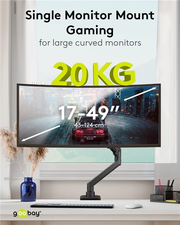 Goobay Single skärmfäste Gaming med gasfjäder, svart för XL-skärmar från 17 till 49 tum (43 - 124 cm), max. 20 kg, kraftigt fäste för tunga gaming och