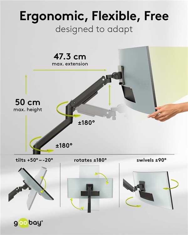 Goobay Single skärmfäste Gaming med gasfjäder, svart för XL-skärmar från 17 till 49 tum (43 - 124 cm), max. 20 kg, kraftigt fäste för tunga gaming och
