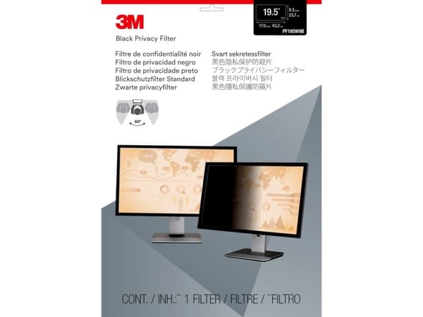 3M PF195W9B, 49,5 cm (19.5"), 16:9, Näyttö, Kehyksetön näytön yksityisyyssuodatin, Häikäisynesto, Yksityisyys, 65,997689835 g