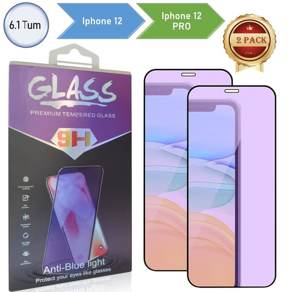 2 PACK Anti-Blue, 9H skärmskydd Kompatibel med Iphone iPhone 12, iPhone 12 Pro