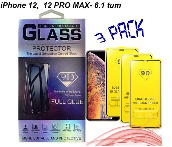 3-PACK: 9D skærmbeskytter iPhone 12, 12 PRO hærdet glas (6,1 tommer)