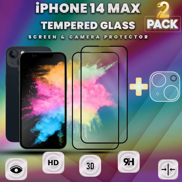 2 Pack iPhone 14 Max - skärmskydd & linsskydd - härdat glas 9H