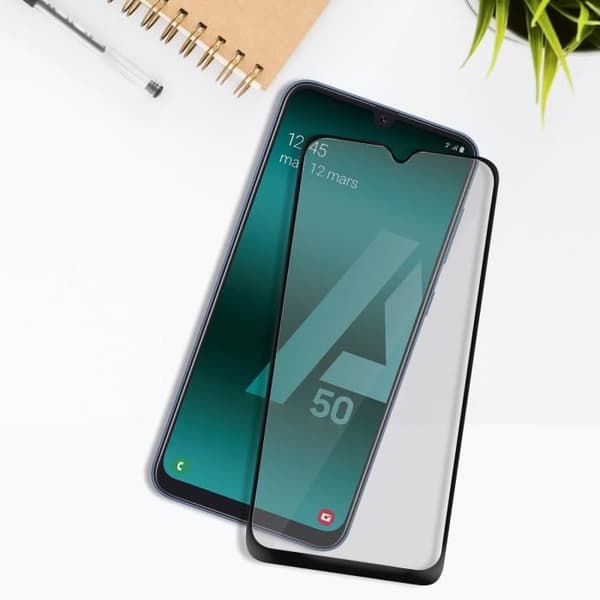 Galaxy A50 helkroppshärdat glasfilm Akashi fasad skärmskydd svart