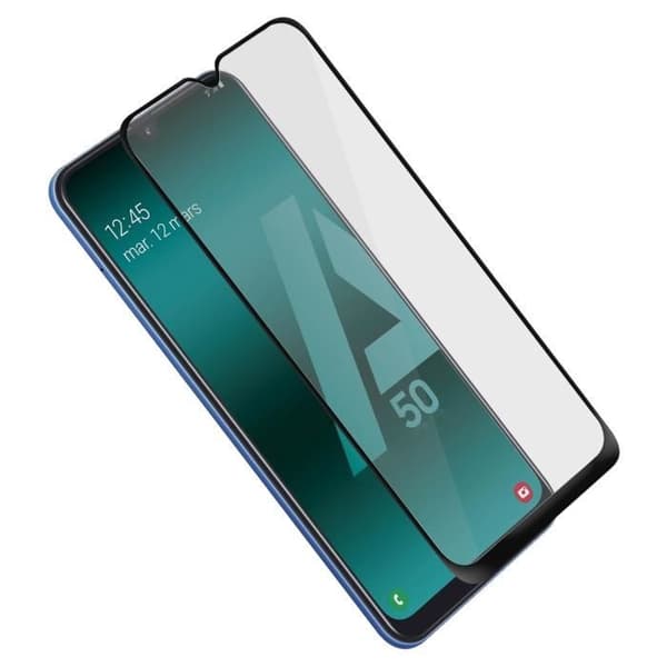 Galaxy A50 helkroppshärdat glasfilm Akashi fasad skärmskydd svart