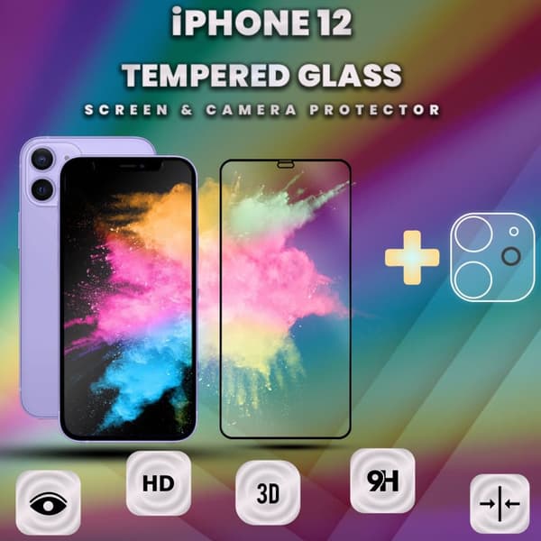 1-Pack iPhone 12 - skärmskydd & 1-Pack linsskydd -Härdat Glas 9H
