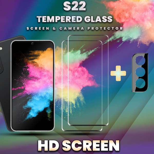 2-Pack Samsung S22 Skärmskydd & 1-Pack linsskydd -Härdat Glas 9H