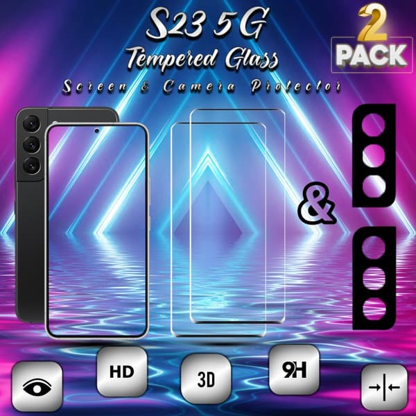 2-Pack Samsung S23 (5G) Skärmskydd & 2-Pack linsskydd - Härdat Glas 9H - Super kvalitet 3D