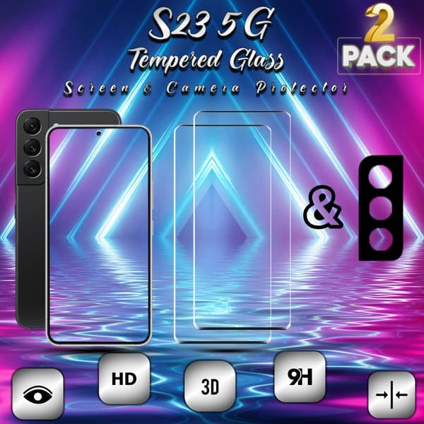 2-Pack Samsung S23 (5G) Skärmskydd & 1-Pack linsskydd - Härdat Glas 9H - Super kvalitet 3D
