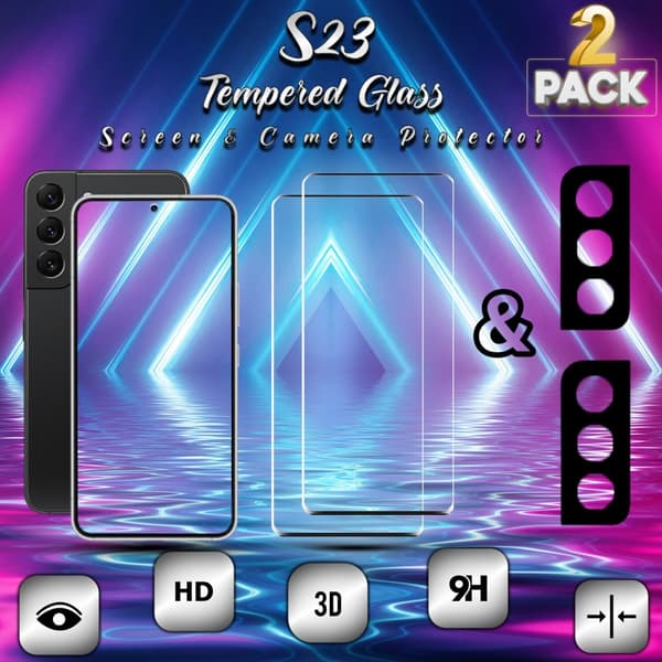 2-Pack Samsung S23 Skärmskydd & 2-Pack linsskydd - Härdat Glas 9H - Super kvalitet 3D