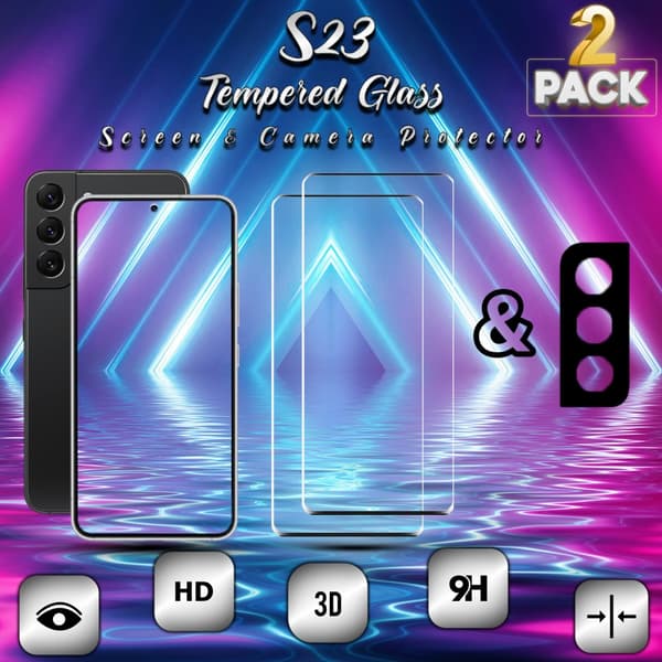 2-Pack Samsung S23 Skärmskydd & 1-Pack linsskydd - Härdat Glas 9H - Super kvalitet 3D