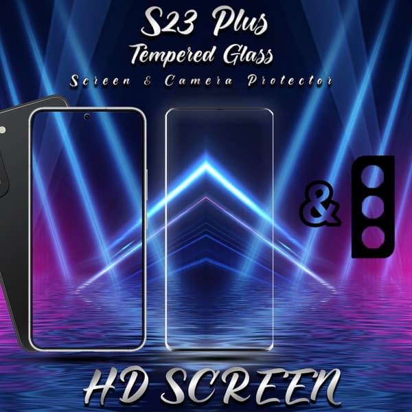 1-Pack Samsung S23 PLUS Skärmskydd & 1-Pack linsskydd - Härdat Glas 9H - Super kvalitet 3D