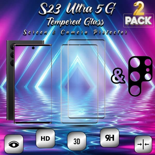 2-Pack Samsung S23 Ultra (5G) Skärmskydd & 1-Pack linsskydd - Härdat Glas 9H - Super kvalitet 3D