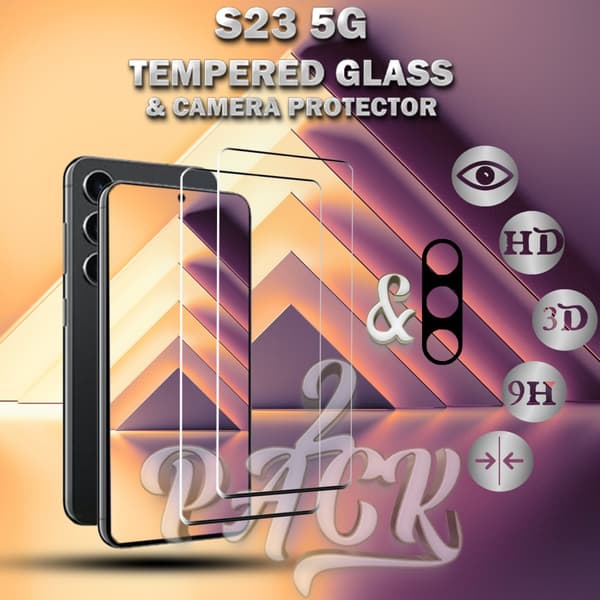 2-Pack Samsung S23 (5G) Skärmskydd & 1-Pack linsskydd - Härdat Glas 9H - Super kvalitet 3D