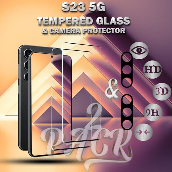 2-Pack Samsung S23 (5G) Skärmskydd & 2-Pack linsskydd - Härdat Glas 9H - Super kvalitet 3D