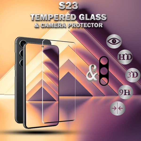 1-Pack Samsung S23 Skärmskydd & 1-Pack linsskydd - Härdat Glas 9H - Super kvalitet 3D