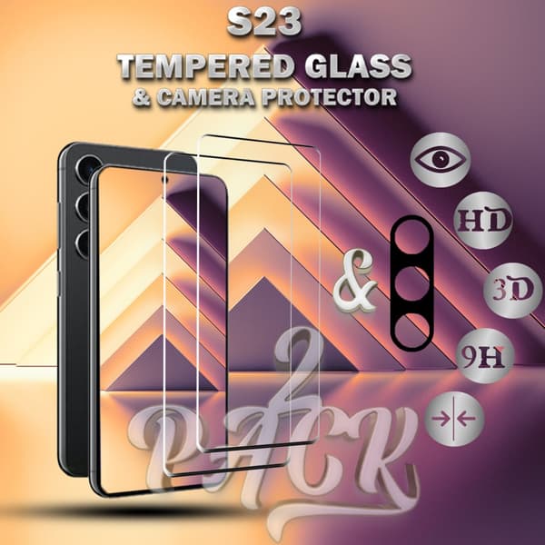 2-Pack Samsung S23 Skärmskydd & 1-Pack linsskydd - Härdat Glas 9H - Super kvalitet 3D