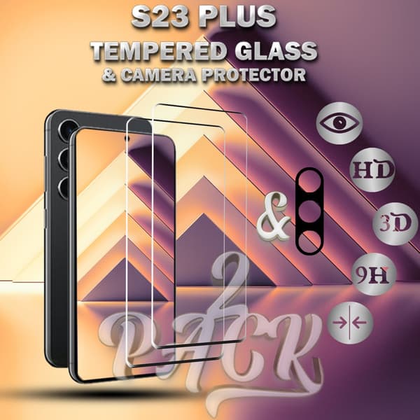 2-Pack Samsung S23 Plus Skärmskydd & 1-Pack linsskydd - Härdat Glas 9H - Super kvalitet 3D