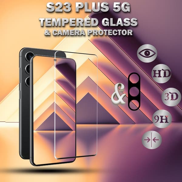 1-Pack Samsung S23 Plus 5G Skärmskydd & 1-Pack linsskydd - Härdat Glas 9H - Super kvalitet 3D