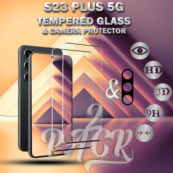 2-Pack Samsung S23 Plus 5G Skärmskydd & 1-Pack linsskydd - Härdat Glas 9H - Super kvalitet 3D
