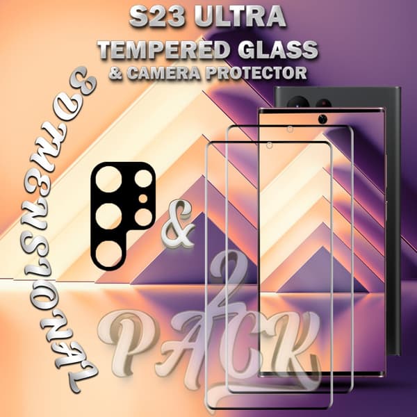 2-Pack Samsung S23 Ultra Skärmskydd & 1-Pack linsskydd - Härdat Glas 9H - Super kvalitet 3D
