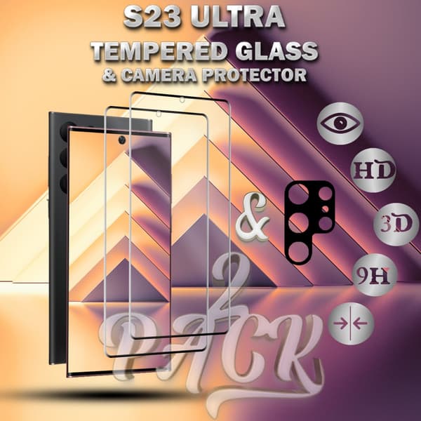 2-Pack Samsung S23 Ultra Skärmskydd & 1-Pack linsskydd - Härdat Glas 9H - Super kvalitet 3D