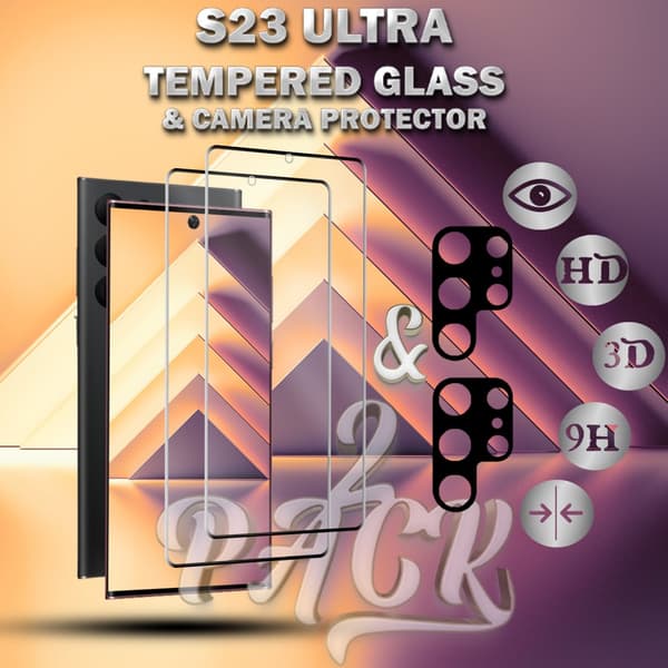 2-Pack Samsung S23 Ultra Skärmskydd & 2-Pack linsskydd - Härdat Glas 9H - Super kvalitet 3D