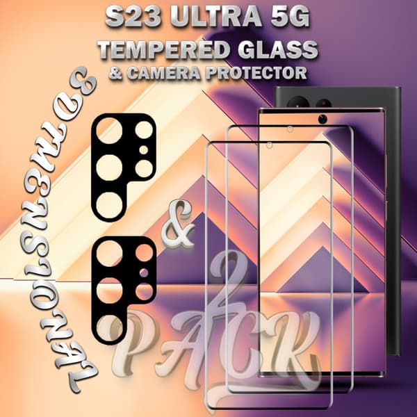 2-Pack Samsung S23 Ultra (5G) Skärmskydd & 2-Pack linsskydd - Härdat Glas 9H - Super kvalitet 3D