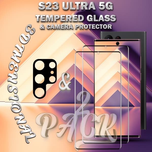 2-Pack Samsung S23 Ultra (5G) Skärmskydd & 1-Pack linsskydd - Härdat Glas 9H - Super kvalitet 3D