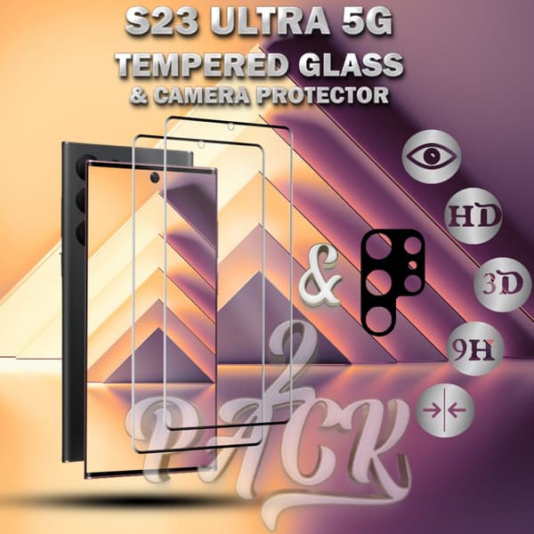 2-Pack Samsung S23 Ultra (5G) Skärmskydd & 1-Pack linsskydd - Härdat Glas 9H - Super kvalitet 3D