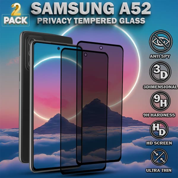2-Pack Privacy Skärmskydd For Samsung A52 - Härdat Glas 9H - Super Kvalitet 3D