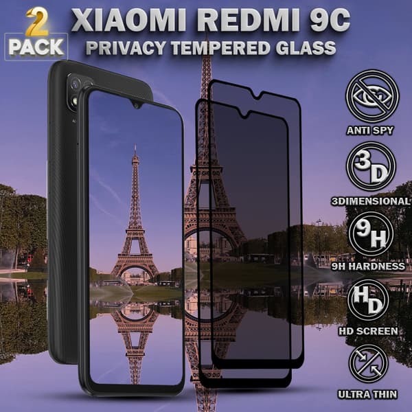 2-Pack Privacy Skärmskydd For Xiaomi  Redmi 9C - Härdat Glas 9H - Super Kvalitet 3D