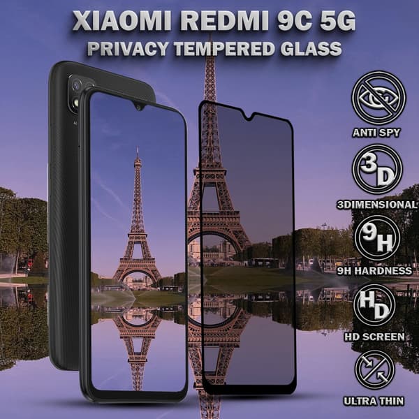 1-Pack Privacy Skärmskydd For Xiaomi Redmi 9C (5G) - Härdat Glas 9H - Super Kvalitet 3D