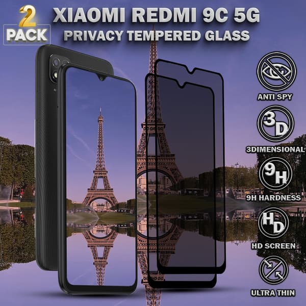 2-Pack Privacy Skärmskydd For Xiaomi Redmi 9C (5G) - Härdat Glas 9H - Super Kvalitet 3D