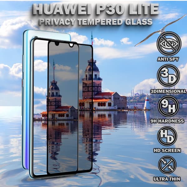 1-Pack Privacy Skärmskydd For Huawei P30 Lite - Härdat Glas 9H - Super Kvalitet 3D