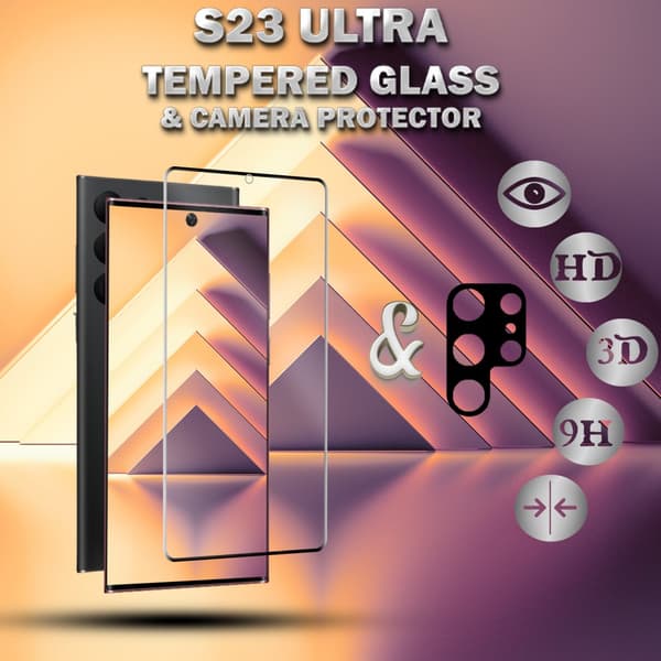 1-Pack Samsung S23 Ultra Skärmskydd & 1-Pack linsskydd - Härdat Glas 9H - Super kvalitet 3D
