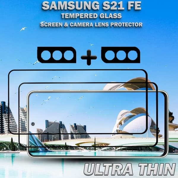 2-Pack Samsung S21 FE Skärmskydd & 2-Pack linsskydd - Härdat Glas 9H - Super kvalitet 3D