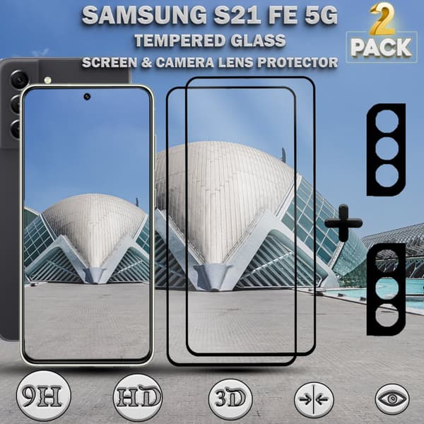 2-Pack Samsung S21 FE (5G) Skärmskydd & 2-Pack linsskydd - Härdat Glas 9H - Super kvalitet 3D
