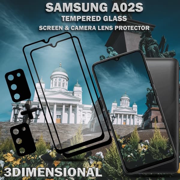 2-Pack Samsung A02s Skärmskydd & 2-Pack linsskydd - Härdat Glas 9H - Super kvalitet 3D