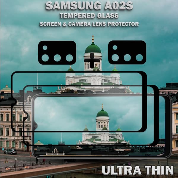 2-Pack Samsung A02s Skärmskydd & 2-Pack linsskydd - Härdat Glas 9H - Super kvalitet 3D