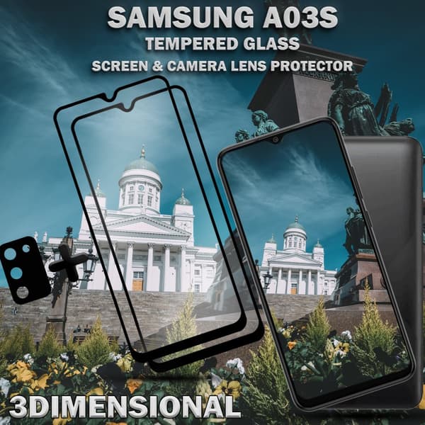 2-Pack Samsung A03s Skärmskydd & 1-Pack linsskydd - Härdat Glas 9H - Super kvalitet 3D