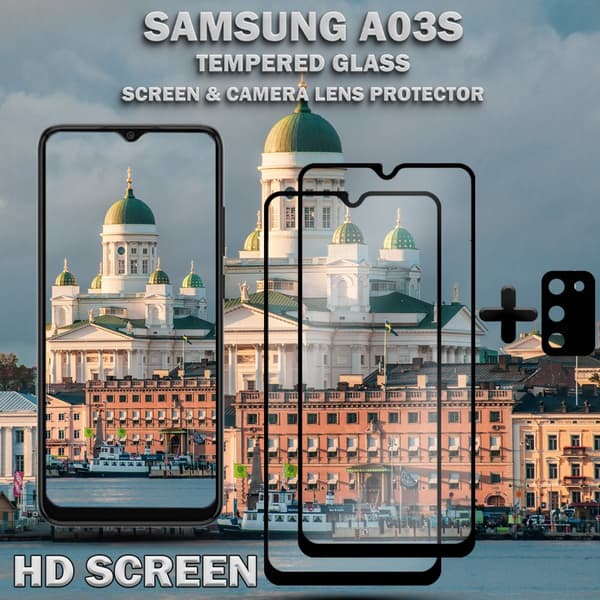 2-Pack Samsung A03s Skärmskydd & 1-Pack linsskydd - Härdat Glas 9H - Super kvalitet 3D