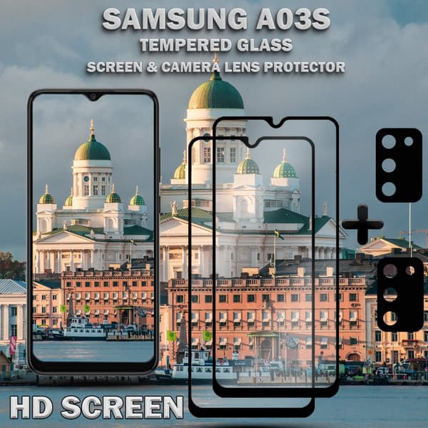2-Pack Samsung A03s Skärmskydd & 2-Pack linsskydd - Härdat Glas 9H - Super kvalitet 3D