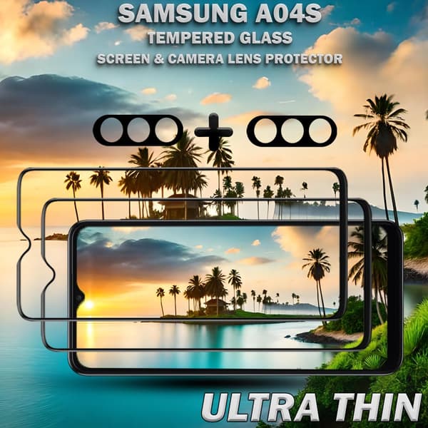 2-Pack Samsung A04s Skärmskydd & 2-Pack linsskydd - Härdat Glas 9H - Super kvalitet 3D