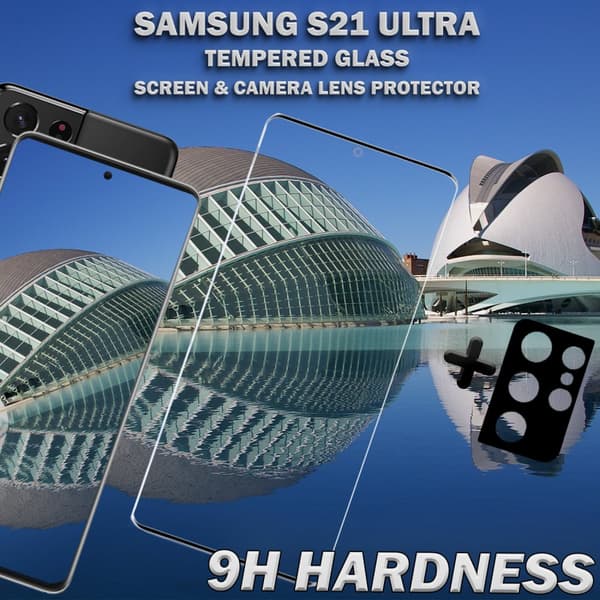 1-Pack Samsung S21 Ultra Skärmskydd & 1-Pack linsskydd - Härdat Glas 9H - Super kvalitet 3D
